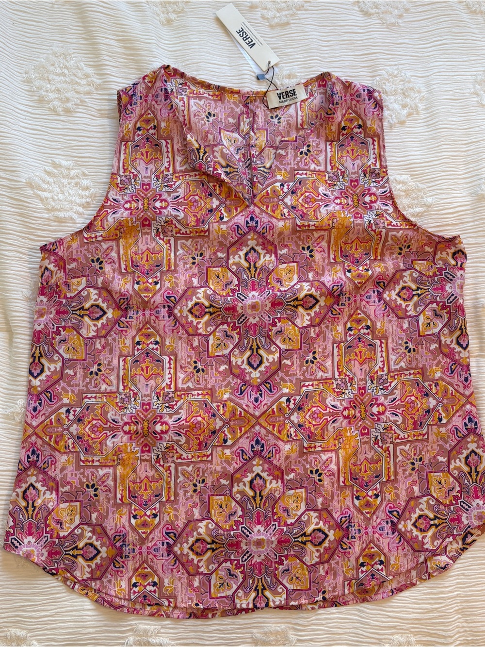 NWT Verse Jory XXL Pink Orange Paisley Medallion Split V-Neck Sleeveless Blouse